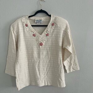 Vintage Basil Woman V-Neck Floral Embroidered 100% Cotton Sweater, Size L